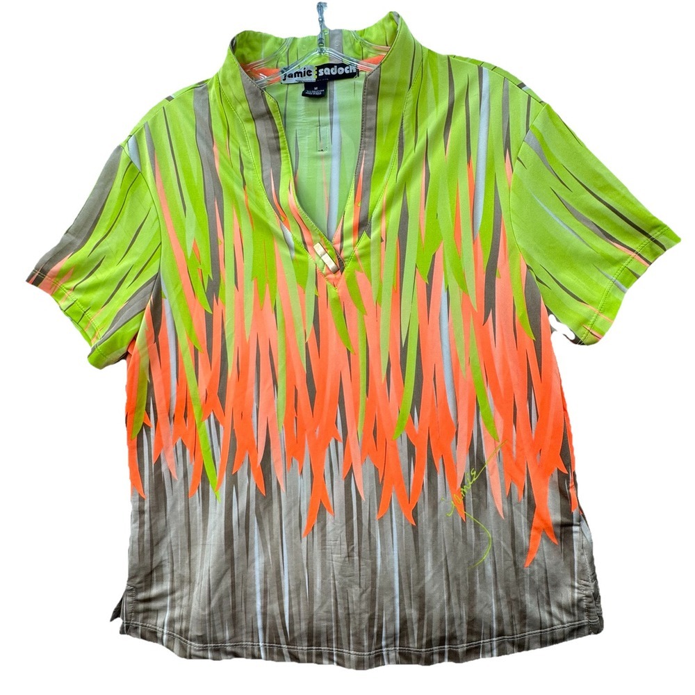Jamie Sadock Short Sleeve VNeck Neon Polo Shirt Sz Medium Golf Pickleball Tennis